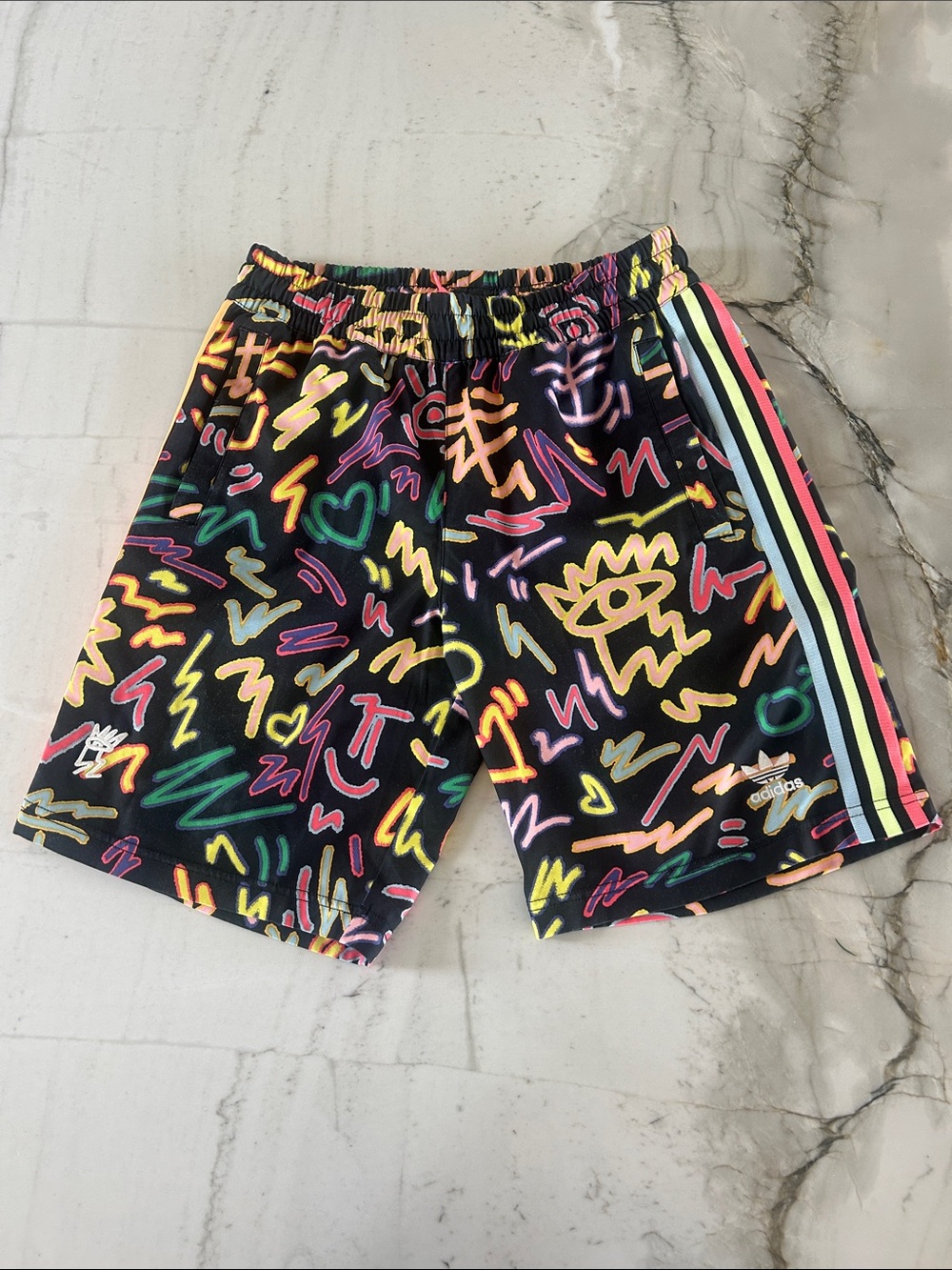 Adidas Men’s Black Multicolor Graffiti Print Swim Shorts (swimsuit size small)